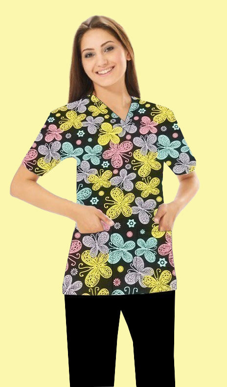 Multicolor Butterflies Print Scrub Top