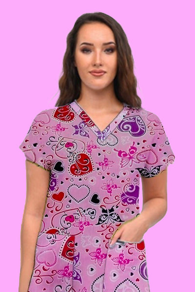 Hearts and Butterflies Print Scrub Top