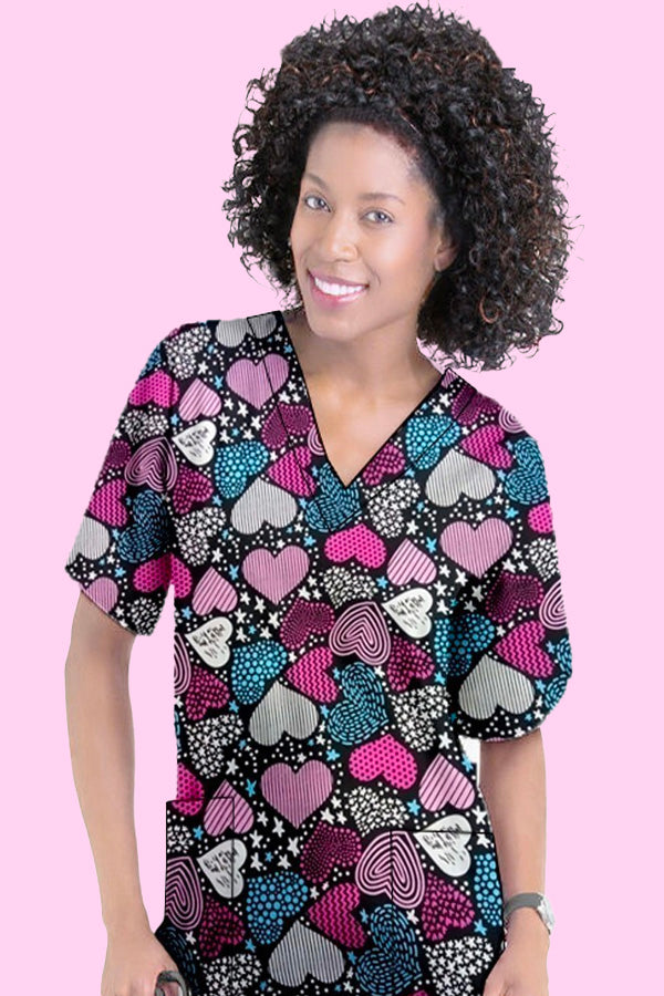 Magical Hearts Print Scrub Top